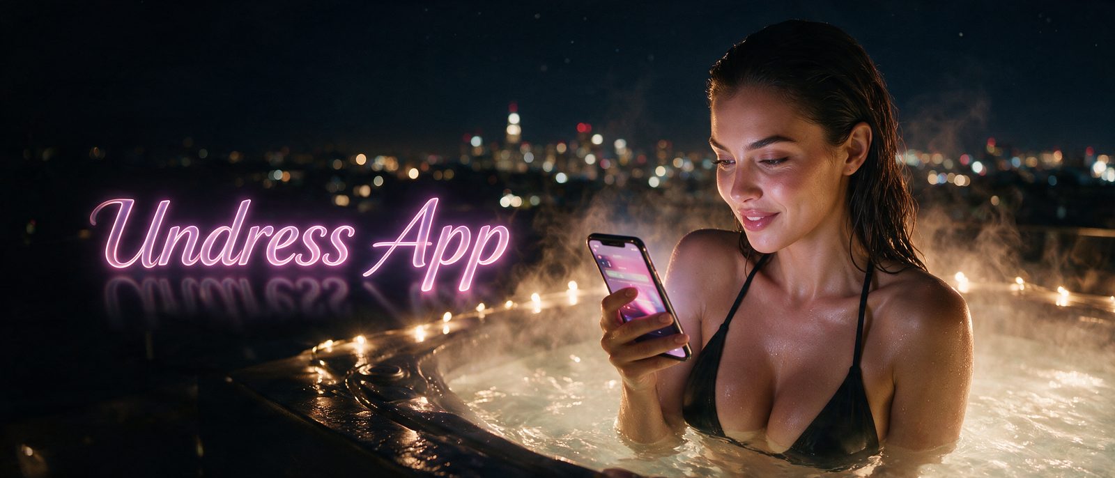 Modelo generada por IA con un smartphone en un jacuzzi en una azotea nocturna, junto al rótulo estilizado de Undress App — ilustración editorial