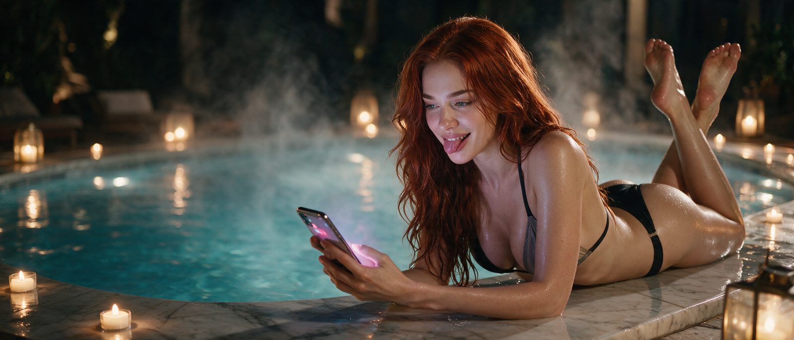 Modelo generada por IA con un smartphone en una piscina nocturna con velas — ilustración editorial