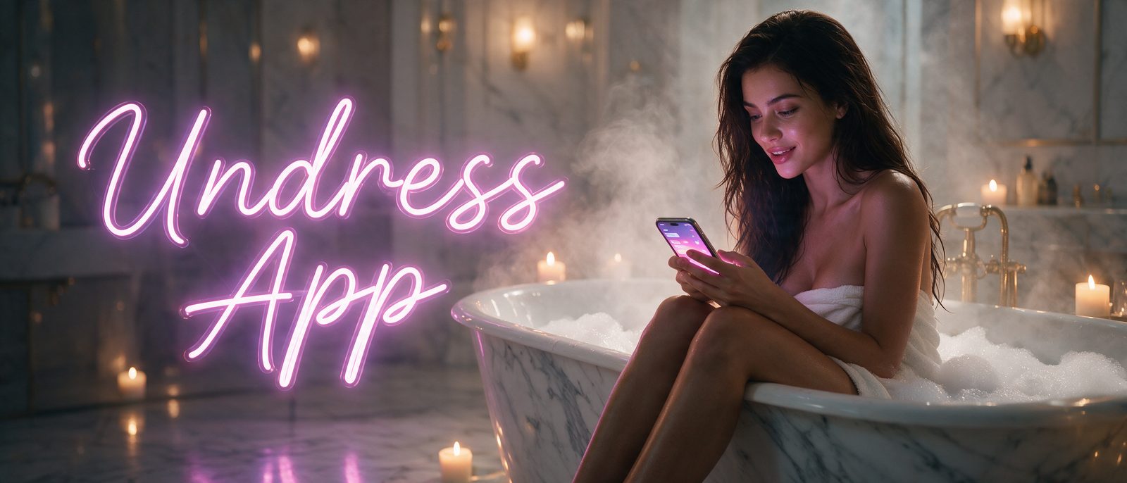 Modelo generada por IA con un smartphone en un baño de mármol con espuma y vapor, junto al rótulo estilizado de Undress App — ilustración editorial