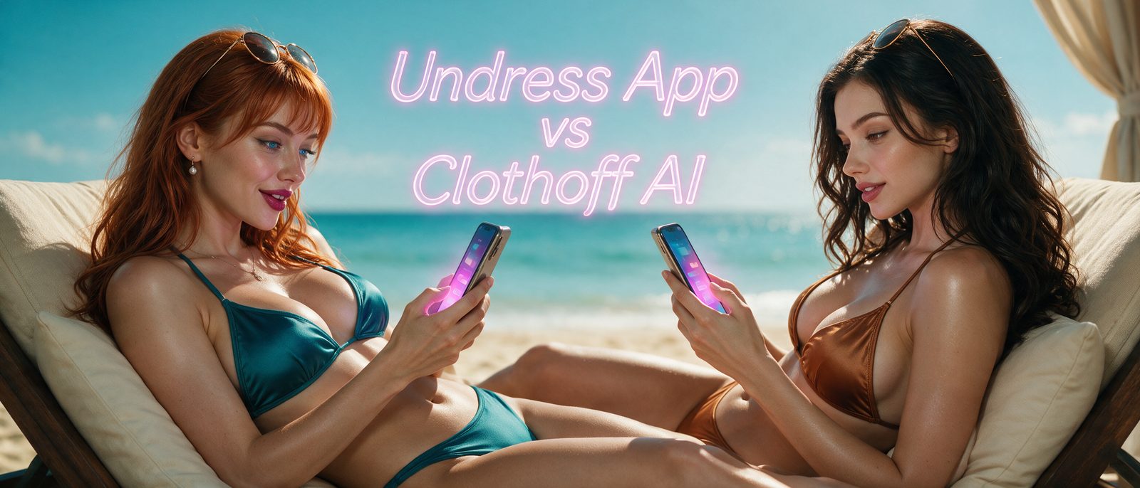 Modelo generada por IA con un smartphone en una cama balinesa en un club de playa, junto al rótulo estilizado de Undress App vs Clothoff AI — ilustración editorial